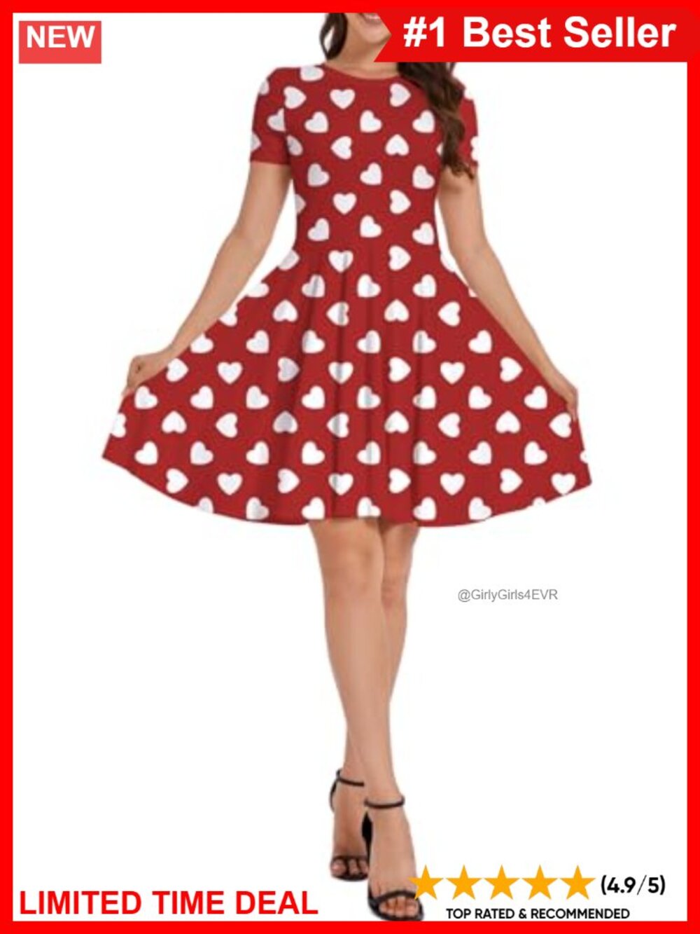 Women's Heart Print A-Line Swing Dress Short Sleeve Valentine's Casual